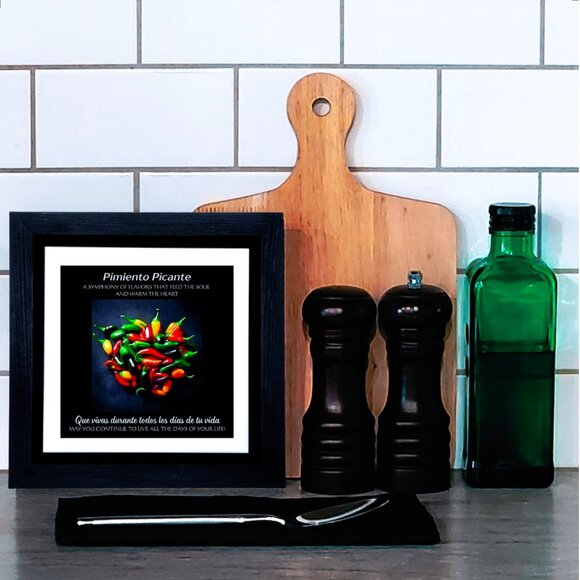 WALL ART -- CHILI PEPPERS 8X8 INCHES. A RAISED TILE IN A BLACK FRAME - Picture 2 of 3